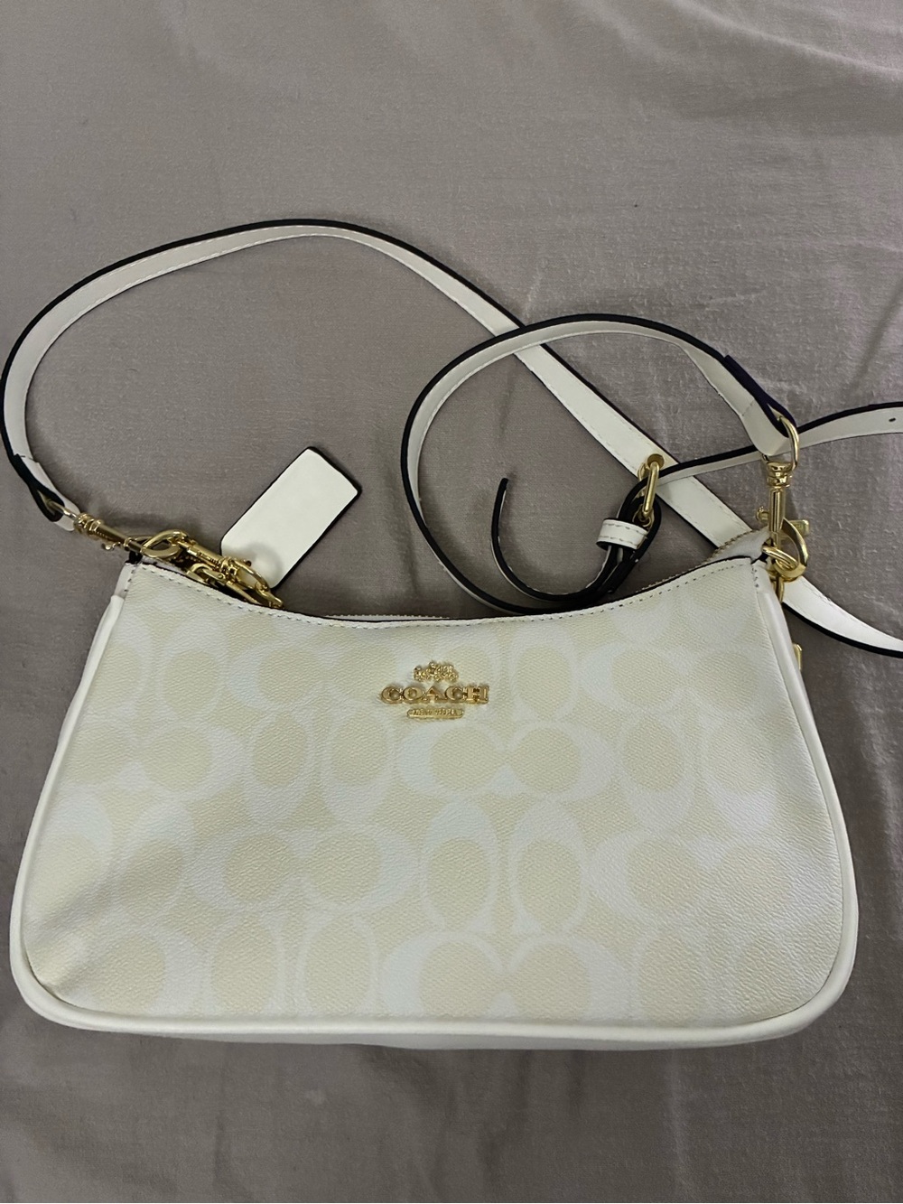 Coach Cream & White Signature Shoulder Bag with Gold Hardware